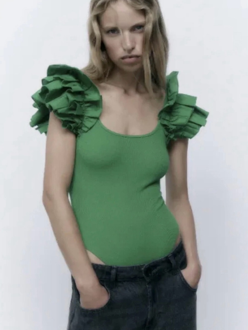 Zara Green Ruffle-Sleeve Bodysuit